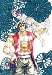  1girl abs bakumatsu_rouman barefoot carrying flower ichijou_akari kanzaki_juuzou lowres nakamura_kanko shoulder_carry snk 