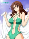  breasts brown_eyes brown_hair casual_one-piece_swimsuit cleavage covered_nipples gundam gundam_00 large_breasts navel niwatori_kokezou one-piece_swimsuit smile solo sumeragi_lee_noriega swimsuit towel wet 