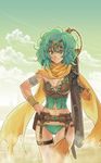  bikini breasts cleavage corset dragon_quest dragon_quest_iv gloves green_eyes green_hair hand_on_hip heroine_(dq4) large_breasts lowleg lowleg_bikini midriff payuko scarf short_hair solo swimsuit sword thighhighs weapon 