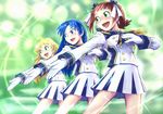  :d amami_haruka band_uniform blonde_hair blue_hair blush brown_hair dancing gloves green_eyes hoshii_miki idolmaster idolmaster_(classic) idolmaster_live_for_you! kisaragi_chihaya long_hair long_sleeves multiple_girls open_mouth outstretched_arm pleated_skirt pose skirt smile tanigawa_hiroshi underwear very_long_hair white_gloves white_skirt 