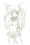  arms_behind_back bishoujo_senshi_sailor_moon bow breasts brown choker cosplay covered_navel covered_nipples cowboy_shot hair_bow johnny_(from_scratch) large_breasts long_hair lyrical_nanoha magical_girl mahou_shoujo_lyrical_nanoha_strikers miniskirt monochrome pleated_skirt sailor_moon sailor_moon_(cosplay) sailor_senshi_uniform shirt skirt solo takamachi_nanoha taut_clothes taut_shirt tsukino_usagi tsukino_usagi_(cosplay) twintails 