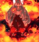  bad_id bad_pixiv_id bow emi_(emi43) fire fujiwara_no_mokou hair_bow hair_ribbon hand_in_pocket long_hair moon outstretched_arm outstretched_hand pants red_eyes ribbon shoes silver_hair solo suspenders touhou 