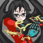  alchemist_(sekaiju) artist_request black_gloves black_hair black_wings closed_mouth dress expressionless glasses gloves glowing grey_eyes long_sleeves looking_at_viewer lowres magic oekaki outstretched_arm red_dress sekaiju_no_meikyuu short_hair solo wings 