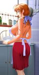  :d ahoge apron ass bangs bare_shoulders blue_eyes blush bottle bow breasts covered_nipples cupboard curtains dishwashing english faucet futago_no_haha_seihonnou game_cg hair_bow highres housewife huge_breasts indoors jar kitchen kneepits kusunoki_tomoe ladle lipstick long_hair looking_down makeup mature off_shoulder open_mouth orange_hair ponytail profile ribbed_sweater sano_toshihide shirt sink skirt smile solo spatula sponge standing sweater tiles transparent window 