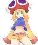  :o amitie_(puyopuyo) bad_id bad_pixiv_id blonde_hair breasts from_below green_eyes hat midriff navel nekomatagi puyopuyo puyopuyo_fever short_hair short_shorts shorts sleeves_past_wrists small_breasts solo underboob white_background 