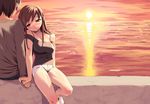  1girl bare_shoulders blue_eyes brown_hair couple hetero holding_hands ocean ootomo_takuji original outdoors shorts sunset water 