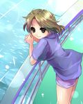  bad_id bad_pixiv_id boat brown_hair day genderswap genderswap_(mtf) green_eyes kobanzame koizumi_itsuki_(female) outdoors railing short_hair short_sleeves shorts smile solo standing suzumiya_haruhi_no_yuuutsu water watercraft 