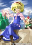  alice_margatroid blonde_hair blue_dress blue_sky boots brown_footwear cloud day doll dress flying knee_boots looking_at_viewer md5_mismatch outdoors railing shanghai_doll short_hair sitting sky solo tenkigu touhou yellow_eyes 