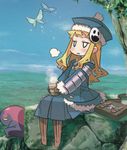  animal artist_request bag blue_dress buckle bug butterfly cup day dress drink fling full_body gunner handbag hat holding insect jack_frost jitome long_sleeves moss outdoors rock school_bag sekaiju_no_meikyuu sitting solo steam tea teacup 