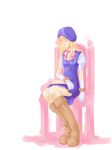  baiola beret blue_dress boots brown_footwear chair dress full_body hat knee_boots long_hair macross macross_frontier puffy_short_sleeves puffy_sleeves sheryl_nome short_sleeves sitting sleeping sleeping_upright solo thighhighs zettai_ryouiki 