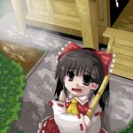  :o bamboo bow broom building collar day detached_sleeves eyebrows eyebrows_visible_through_hair frown fukaiton hair_bow hakurei_reimu long_sleeves looking_up lowres open_mouth outdoors ponytail red_bow ribbon-trimmed_sleeves ribbon_trim shrine solo stairs standing touhou upper_body wavy_hair wavy_mouth 