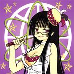  bangs black_hair blunt_bangs breasts cane choker clamp cleavage glasses hat hime_cut ichihara_yuuko large_breasts long_hair non-web_source official_art raised_eyebrows riding_crop scan scan_artifacts smug solo xxxholic 