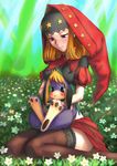  blonde_hair cornelius_(odin_sphere) highres hood lips long_hair odin_sphere purple_eyes thighhighs velvet_(odin_sphere) youkai_ankake 