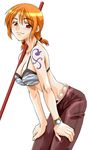  artist_request bikini_top breasts large_breasts log_pose nami_(one_piece) one_piece orange_hair red_eyes solo source_request staff tattoo twintails white_background 