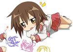  blush brown_eyes brown_hair drawing fang ixy kusakabe_misao lucky_star lying ryouou_school_uniform school_uniform serafuku short_hair solo 