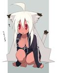  :o ? ahoge animal_ears barefoot breasts cat_ears cat_tail cleavage dark_skin kokage-san kusaka_kokage large_breasts long_hair open_mouth original outside_border red_eyes solo squatting tail thighhighs toes track_suit very_long_hair white_hair 