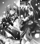  45acp cross_mirage dual_wielding facial_mark forehead_mark greyscale gun holding lindy_harlaown lyrical_nanoha mahou_shoujo_lyrical_nanoha_strikers military military_uniform monochrome multiple_girls teana_lanster tsab_naval_military_uniform uniform weapon 