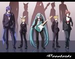  3girls aqua_hair everyone formal ghost_in_the_shell ghost_in_the_shell_lineup ghost_in_the_shell_stand_alone_complex guitar hatsune_miku instrument kagamine_len kagamine_rin kaito lineup meiko multiple_boys multiple_girls pant_suit parody suit tsukumo twintails vocaloid 