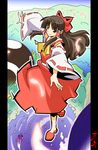  ascot blush bow brown_eyes brown_hair cloud day detached_sleeves dress flying full_body hair_bow hair_tubes hakurei_reimu lake long_hair long_sleeves looking_at_viewer maxgonta outdoors ponytail red_bow red_dress ribbon-trimmed_sleeves ribbon_trim scenery sidelocks solo touhou very_long_hair water 