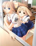  after blonde_hair blue_eyes bow brown_eyes brown_hair classroom hair_bow hairband hug indoors leaning_forward multiple_girls plaid plaid_skirt ponytail school_uniform shiomiya_kanami short_hair skirt smile takawashi_nagisa tanaka_takayuki wind window 