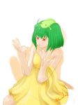  :o ahoge baiola bangs bare_shoulders blush counting dress flat_chest green_hair macross macross_frontier object_on_head oosanshouuo-san open_mouth orange_eyes ranka_lee salamander shadow short_hair signature simple_background sitting sketch sundress v-shaped_eyebrows white_background yellow_dress 