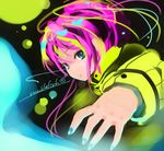  black_background blue_nails green_eyes long_sleeves looking_at_viewer magic nail_polish original pink_hair refeia short_hair simple_background solo text_focus uniform upper_body 