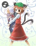  :3 animal_ears brown_eyes brown_hair cat cat_ears cat_tail chen earrings hat jewelry multiple_tails musical_note short_hair solo sumikko tail touhou 