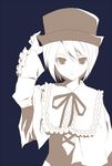  frills hand_on_headwear hat hijiki_(hijikini) lolita_fashion long_sleeves looking_at_viewer monochrome neck_ribbon ribbon rozen_maiden short_hair simple_background solo souseiseki upper_body 