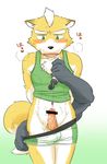  arms_behind_back black_fur blush bulge canine censor_bar censored clothed clothing duo erection fox fox_mccloud front frontal_view fur green_eyes japanese_text lube male mammal nintendo orange_fur pants pants_down pants_pull penis pubes shorts standing star_fox text unknown_artist video_games 