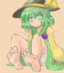  1girl :/ bangs bare_legs barefoot black_frills black_hat bloomers blouse blush closed_mouth collarbone collared_blouse commentary_request dot_nose expressionless eyebrows_visible_through_hair eyes_visible_through_hair feet frilled_blouse frilled_shirt_collar frilled_sleeves frills green_eyes green_hair green_skirt hair_between_eyes hat knees_up komeiji_koishi long_sleeves nibi pov_feet raised_eyebrows short_hair sitting sketch skirt soles solo third_eye toes touhou underwear upskirt wavy_hair wide_sleeves yellow_blouse 