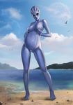  alien asari avian beach bird bloocarrot blue_eyes blue_nipples blue_skin breasts eyewear female freckles liara_t&#039;soni liara_t'soni lips mass_effect nipples pregnant seaside sunglasses water 