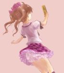 1girl bloomers brown_hair cellphone checkered checkered_skirt commentary_request frilled_skirt frills hat hidden_face himekaidou_hatate holding holding_cellphone holding_phone legs_together long_hair miniskirt nape nibi outstretched_arm parted_hair phone profile puffy_short_sleeves puffy_sleeves purple_hat purple_skirt self_shot short_sleeves skirt solo taking_picture tokin_hat touhou twintails underwear upskirt 