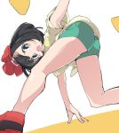  1girl beanie black_hair blue_eyes creatures_(company) from_side game_freak green_shorts hat ixy mizuki_(pokemon) nintendo open_mouth pokemon pokemon_(game) pokemon_sm red_hat short_hair short_sleeves shorts solo z-move 