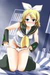  1girl artist_request bed blonde_hair blue_eyes blush clock detached_sleeves hair_ornament kagamine_rin kneeling macfist no_pants panties panty_pull ribbon rin_kagamine shirt short_hair smile solo underwear vocaloid white_panties 