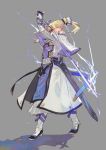  belt blonde_hair blue_eyes crossover english_text fingerless_gloves gloves grey_background guilty_gear guilty_gear_xrd hair_between_eyes highres holding holding_sword holding_weapon kazama_raita ky_kiske lightning long_sword looking_at_viewer official_art ponytail shoes simple_background star_ocean star_ocean_anamnesis sword weapon 