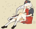  beige_background braid cross full_body hat kneehighs loafers long_hair looking_at_viewer lowres mutsukarasu nurse_cap puffy_short_sleeves puffy_sleeves shoes short_sleeves silver_hair simple_background single_braid sitting solo touhou very_long_hair yagokoro_eirin 