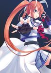  black_gloves blush bow bowtie fingerless_gloves gin_(ginshari) gloves jewelry looking_at_viewer lyrical_nanoha magical_girl mahou_shoujo_lyrical_nanoha_strikers necklace outstretched_arm outstretched_hand purple_eyes raising_heart red_bow red_hair red_neckwear solo spread_fingers takamachi_nanoha thighhighs twintails uniform waist_cape white_devil 