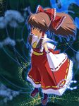  ascot bad_id bad_pixiv_id bare_shoulders bow brown_eyes brown_hair city_lights cloud detached_sleeves flying full_body hair_bow hakurei_reimu long_sleeves looking_at_viewer okina_ika outdoors ponytail red_bow ribbon-trimmed_sleeves ribbon_trim solo standing touhou vest 