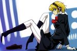 aegis_(persona) android arm_support black_jacket black_legwear black_skirt blonde_hair bow bowtie breasts closed_mouth emblem from_side full_body headphones jacket kneehighs leaning_back legs_up loafers long_sleeves looking_at_viewer looking_to_the_side medium_breasts michael pants persona persona_3 profile purple_footwear red_bow red_neckwear school_uniform shoes shoes_removed short_hair skirt smile solo white_pants 