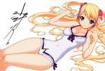 blonde_hair blue_eyes dragonaut highres jacqueline_baumgold long_hair multicolored_hair non-web_source one-piece_swimsuit solo swimsuit twintails two-tone_hair uno_makoto wide_hips 