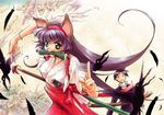  1girl animal_ears artist_request bird cat_ears copyright_request crow green_eyes hair_ribbon hakama highres japanese_clothes long_hair miko mouth_hold ofuda purple_hair red_hakama ribbon scroll sword tail weapon 