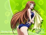  ashford_academy_swimsuit ass blush breasts brown_hair code_geass code_geass:_lost_colors green_eyes kimura_takahiro long_hair medium_breasts official_art one-piece_swimsuit open_mouth school_swimsuit shirley_fenette sideboob solo swimsuit towel 