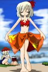  aki_minoriko aki_shizuha barefoot bikini blonde_hair closed_eyes cloud day fire hair_ornament leaf leaf_hair_ornament leaf_on_head multiple_girls oekaki orange_sarong sarong short_hair siblings sisters swimsuit touhou 