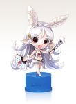  albino animal_ears bunny_ears chibi closed_fan dual_wielding fan feather_fan feathers fishnets folding_fan full_body hair_feathers holding katahira_masashi long_hair original pixiv_bottlecap pointy_ears red_eyes reflection smile solo very_long_hair white_hair 