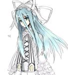  .hack//g.u. .hack//roots 1girl aina_(.hack//) aoi_tsuki_hasu blue_hair frills gathers gothic_lolita green_eyes hat lolita_fashion long_hair ribbon solo 
