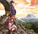  2boys araki_maki black_hair blue_eyes brown_eyes brown_hair dragon_quest dragon_quest_ii dress goggles hood long_hair mountain multiple_boys prince_of_lorasia prince_of_samantoria princess_of_moonbrook purple_hair red_eyes shield short_hair staff sword weapon 