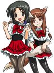  animal_ears bandabekken bronze_parrot brown_hair cosplay crossover dog_ears eruruw holding_another's_tail holo long_hair multiple_girls pantyhose red_eyes spice_and_wolf tail tail_grab utawareru_mono waitress wolf_ears 