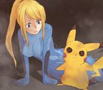  bad_id bad_pixiv_id blonde_hair blue_bodysuit blue_eyes bodysuit breasts cleavage gen_1_pokemon large_breasts long_hair metroid ochappa pikachu pokemon pokemon_(creature) ponytail samus_aran skin_tight super_smash_bros. zero_suit 