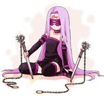  b.tarou blindfold chain dress fate/stay_night fate_(series) long_hair lowres nameless_dagger purple_hair rider solo strapless strapless_dress thighhighs very_long_hair weapon 