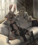  1girl animal_ears balflear bunny_ears couch cup dark_skin drinking_glass final_fantasy final_fantasy_xii fran furikawa_arika navel revealing_clothes sitting sunlight viera white_hair white_mage wine_glass 